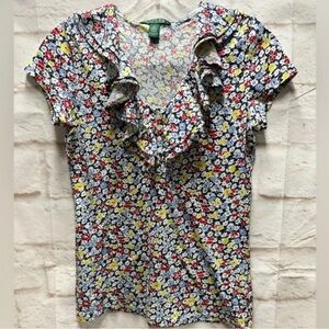 Lauren Ralph Lauren Floral Print Top Red, Blue, Yellow Accents. EUC